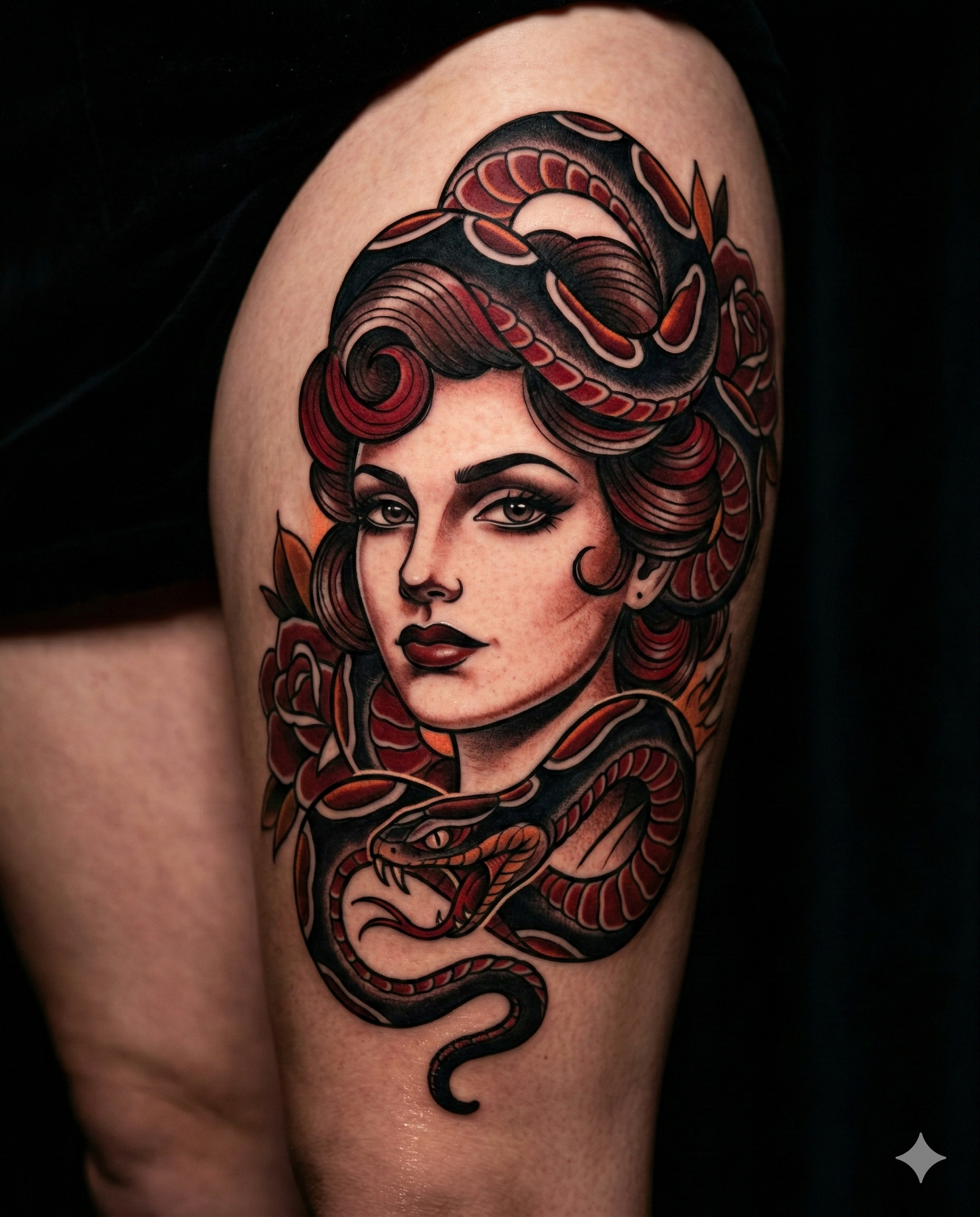 Neo-traditional snake and woman tattoo